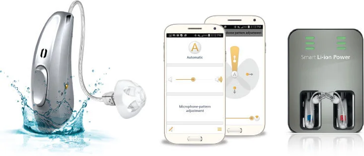 Hearing aid, smartphone controls and charging case
