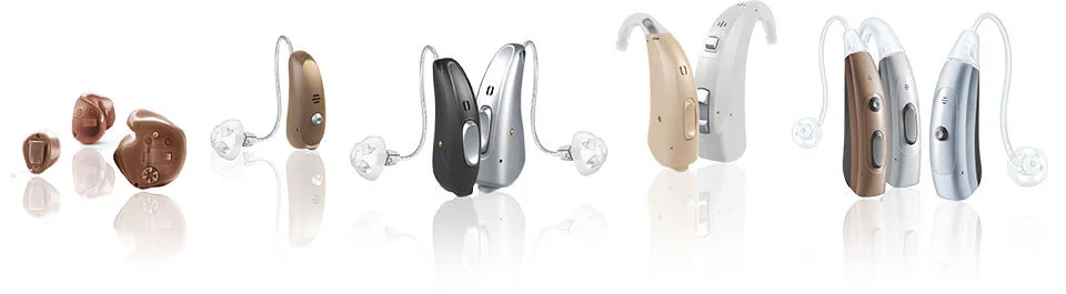 A selection of in-ear, receiver-in-canal and behind-the-ear hearing aids