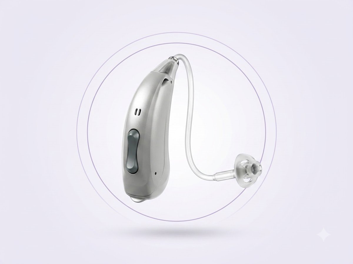A silver Behind-the-Ear (BTE) hearing aid with an earpiece
