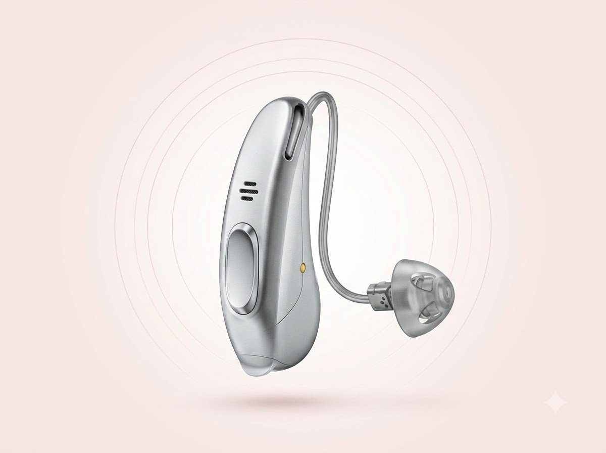 A silver Receiver-in-Canal (RIC) hearing aid with a thin wire to the earpiece