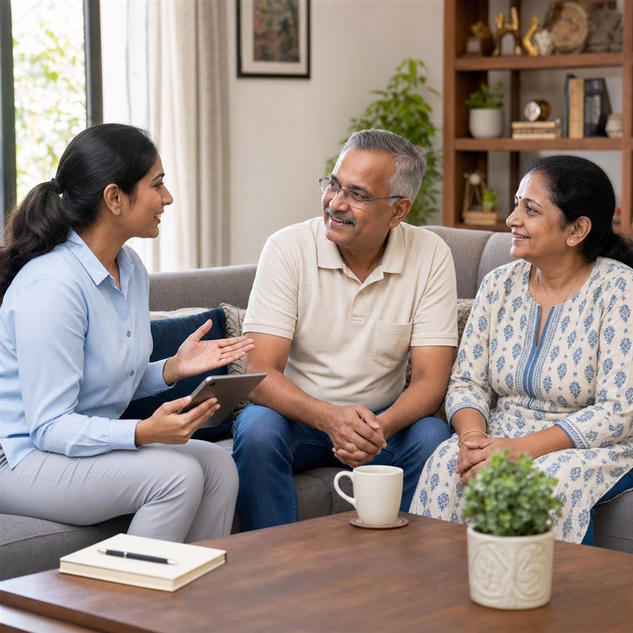 Hearing-care expert consulting a senior couple in their home
