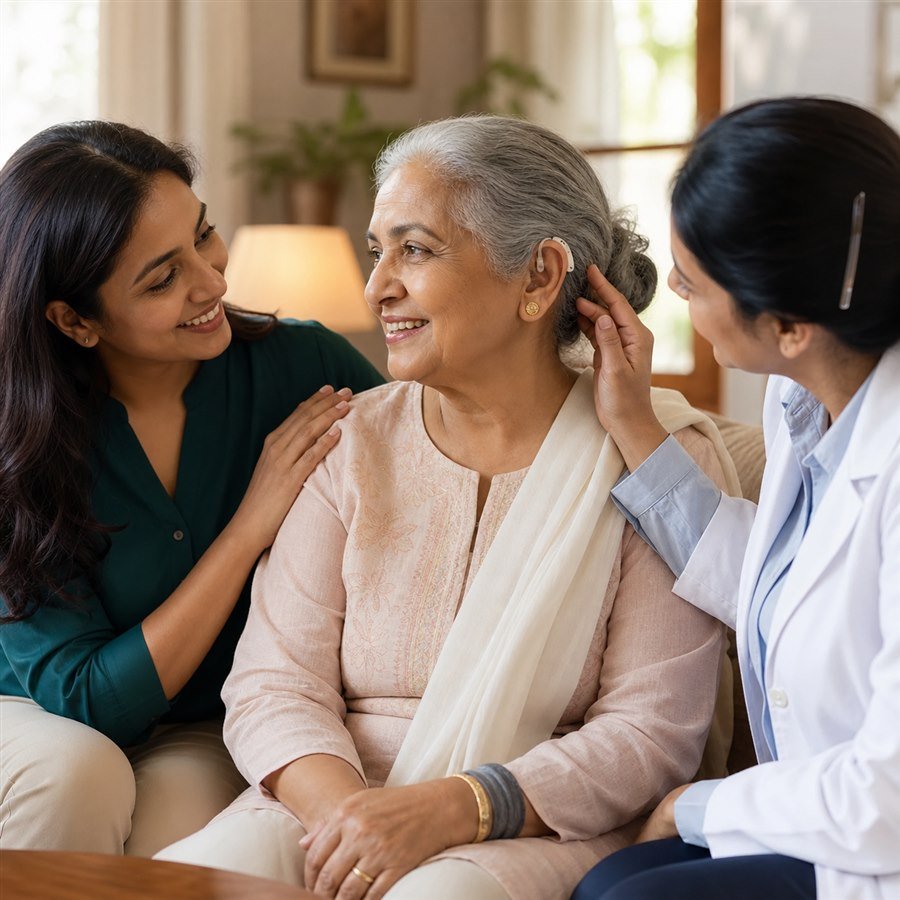 Senior woman trying a hearing aid at home with her daughter and hearing-care expert