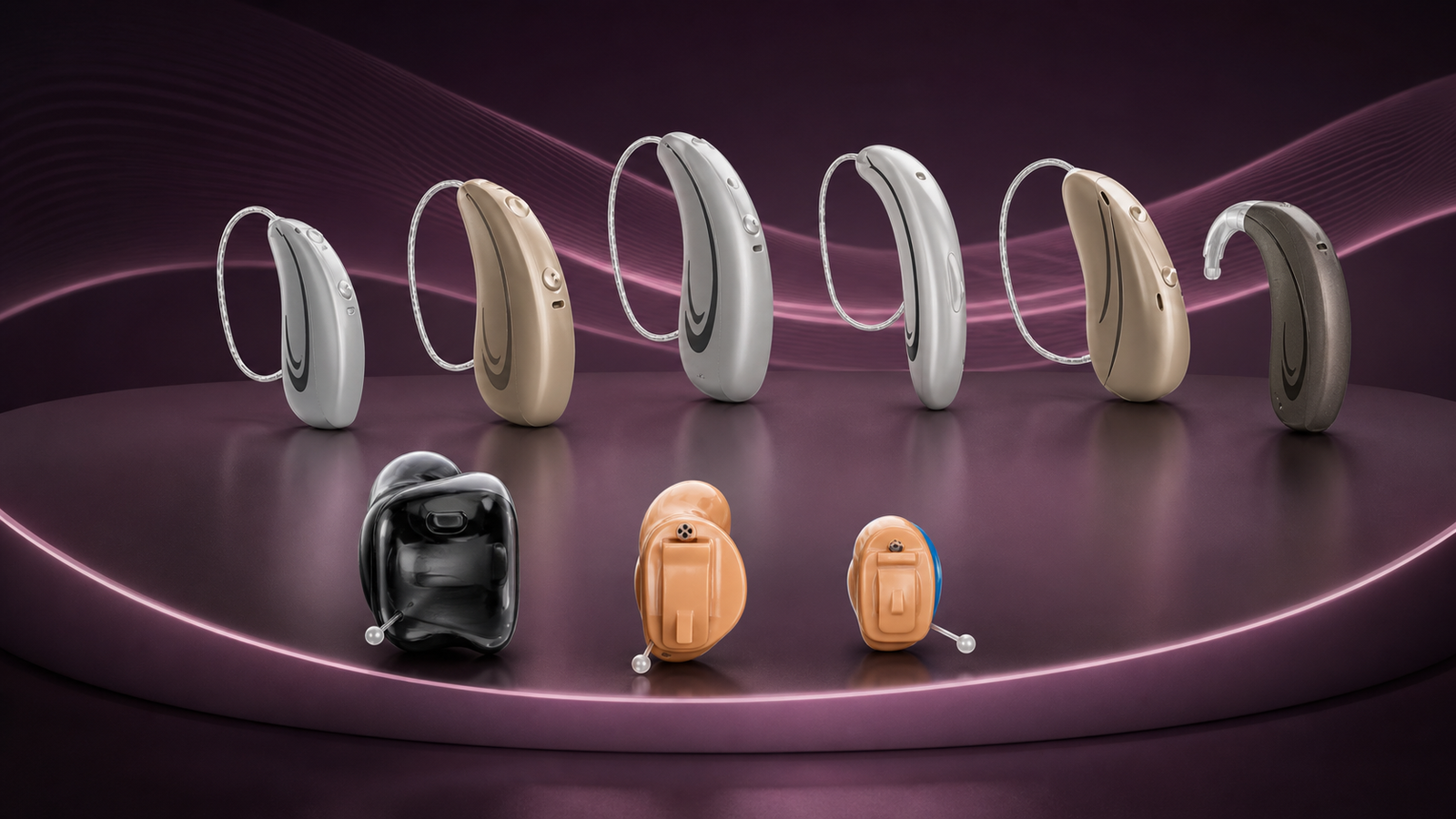 A complete cluster of ten Hansaton receiver-in-canal, behind-the-ear and in-ear hearing aids