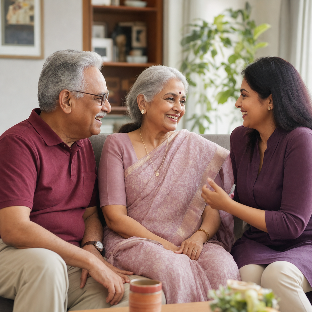 An Indian senior couple enjoying a close conversation with their daughter at home